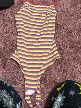 Madewell Rainbow Striped Ribbed Jumpsuit Bodysuit - Red, Yellow, Blue